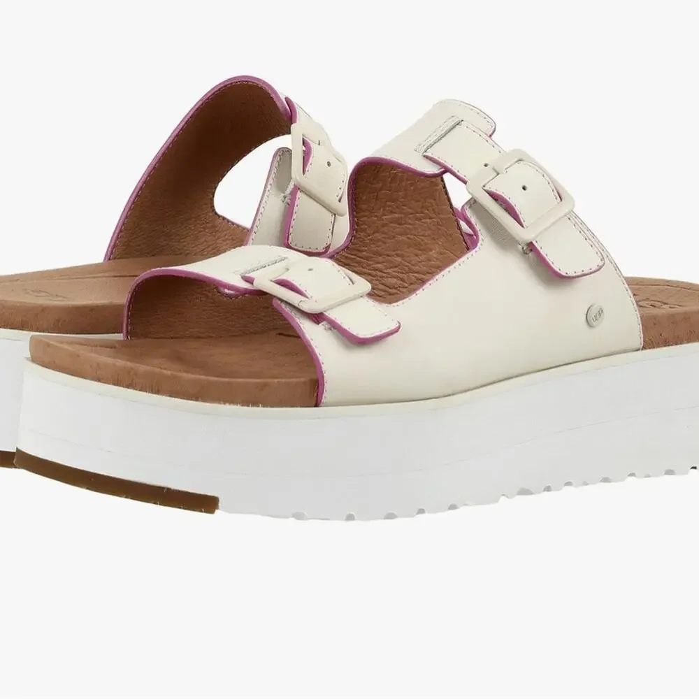 UGG Hanneli Leather Slide Platform Sandals - White Adjustable Straps - SZ 11